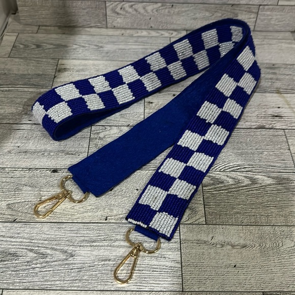 Blue white beaded checkered gold purse strap - Picture 2 of 5